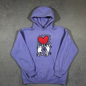 Keith Haring Dancing Heart Retro Graphic Hoodie Purple Sweatshirt Size L #2107